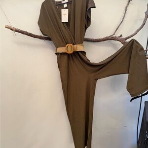 Olive Green Long-Sleeve Wrap Dress with Belt
